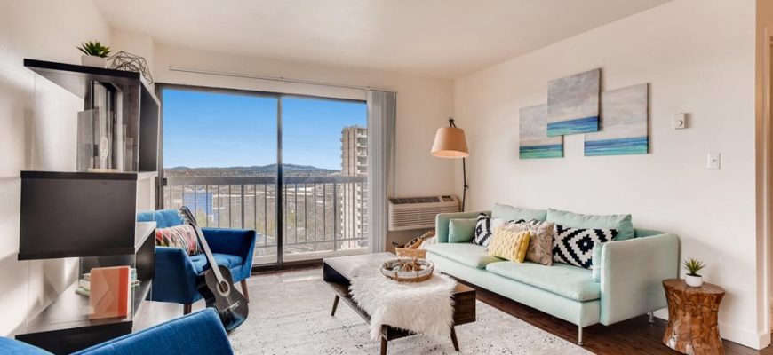 open living room with modern decor and a large patio with a skyline view